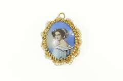 14K Yellow Gold Victorian Ornate Painted Lady Seed Pearl Pendant/Pin