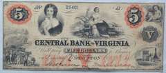 $ 5 Central Bank of Va Staunton Aug 6 1860 Note