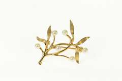 14K Yellow Gold Pearl Tree Vine Leaf Motif Statement Pin/Brooch