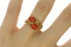 14K Yellow Gold Natural Coral Tree Branch Bamboo Statement Ring