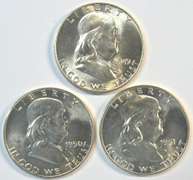 Near Gem BU 1949, 1950, & 1951 Franklin Half Dollars