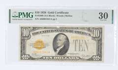 1928 $10 FR#2400 (AA Block) Gold Certificate PMG 30 VF - Minor Stains