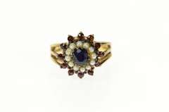 14K Yellow Gold Sapphire Pearl Garnet Halo Victorian Cocktail Ring