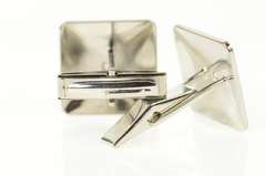 14K White Gold Classic Retro Diamond Satin Finish Squared Cuff Links
