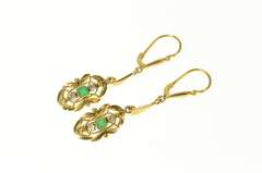 14K Yellow Gold Victorian Diamond Emerald Ornate Dangle Earrings
