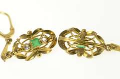14K Yellow Gold Victorian Diamond Emerald Ornate Dangle Earrings