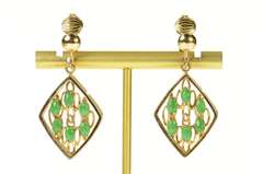 14K Yellow Gold 1960's Jade Ornate Squared Layered Look Clip Earrings