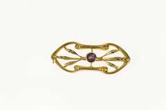 10K Yellow Gold Amethyst Ornate Scroll Leaf Accent Bar Pin/Brooch