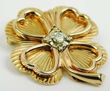 Heavy 14K Diamond 4-Leaf Clover Brooch