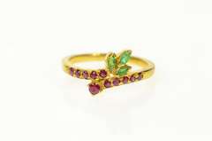 22K Yellow Gold Ruby Emerald Leaf Cluster Bypass Statement Ring