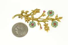 14K Yellow Gold Ornate Turquoise Ruby Flower Statement Pin/Brooch