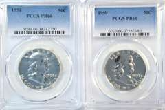 1960 & 1959 Superb Gem Proof Franklin Half Dollars. PCGS PR66