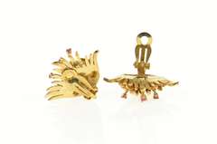 14K Yellow Gold 1960's Ruby Fanned Leaf Cluster Clip Back Earrings