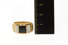 10K Yellow Gold Squared Black Onyx Diamond Textured Ring