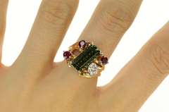 14K Yellow Gold 4.72 Ctw Green Tourmaline Ruby Diamond Ring