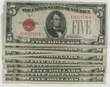 2 1928 & 9 1953/63 $5 Red Seal Notes in circ