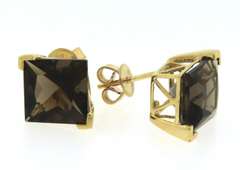 Trendy Yellow Gold Sqaure Smokey Quartz Earrings