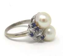 Handsome 18kt Double Pearl Ring w Sapphire and Diamonds