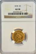 Super Near BU 1878 US $3 Gold Piece. NGC AU58