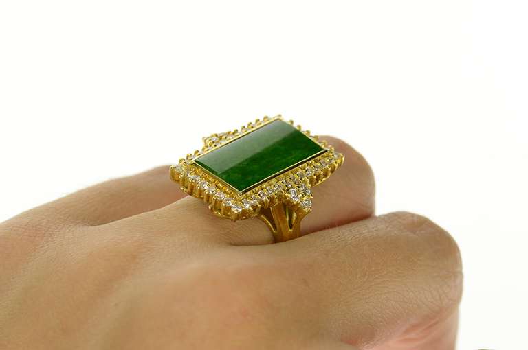 14K Yellow Gold Jade Diamond Halo Cluster Accent Statement Ring