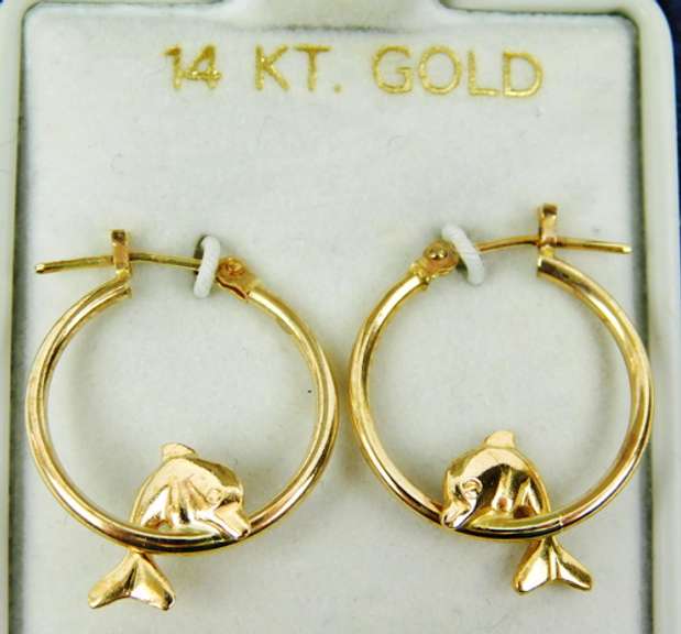 14K Yellow Gold Dolphin Hoop Earrings