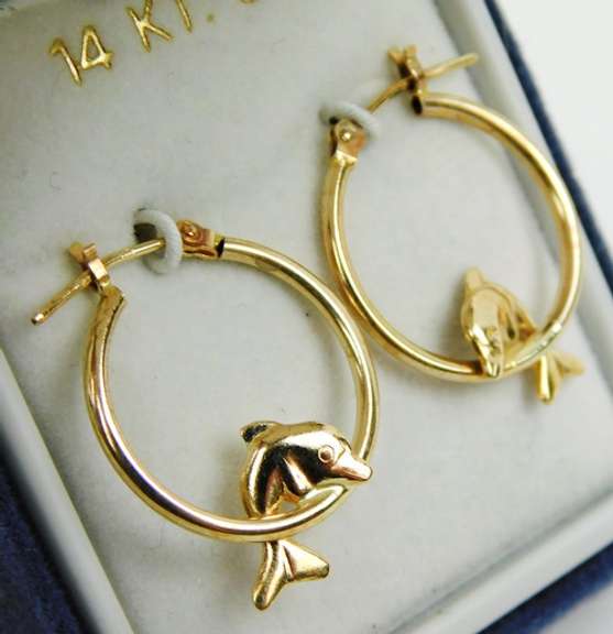 14K Yellow Gold Dolphin Hoop Earrings