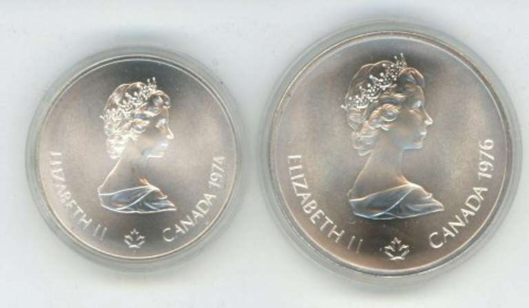 2 Superb Gem BU 1976 Canada $5 and $10 SILVER Olympic Coins