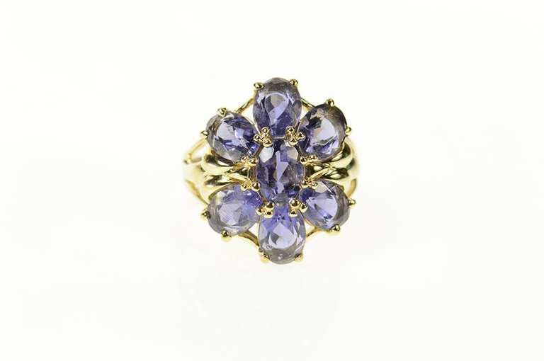 14K Yellow Gold Oval Iolite Flower Cluster Cocktail Ring