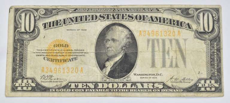 1928 $10 United States Gold Certificate - Misaligned