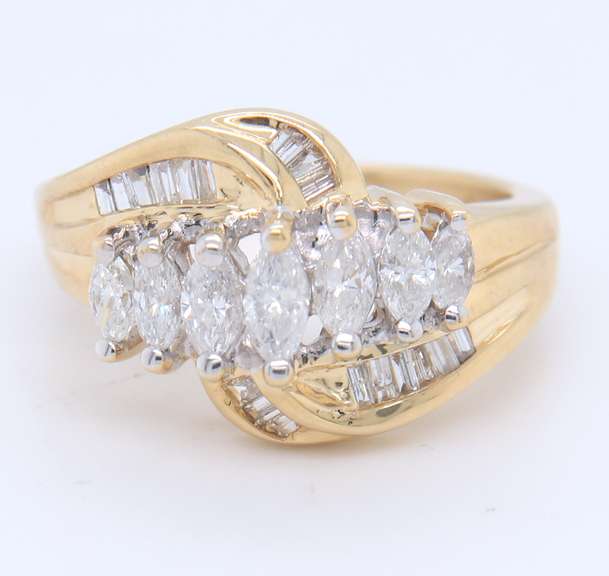 Gorgeous Yellow Gold Marquise and Baguette Diamond wide Band Ring