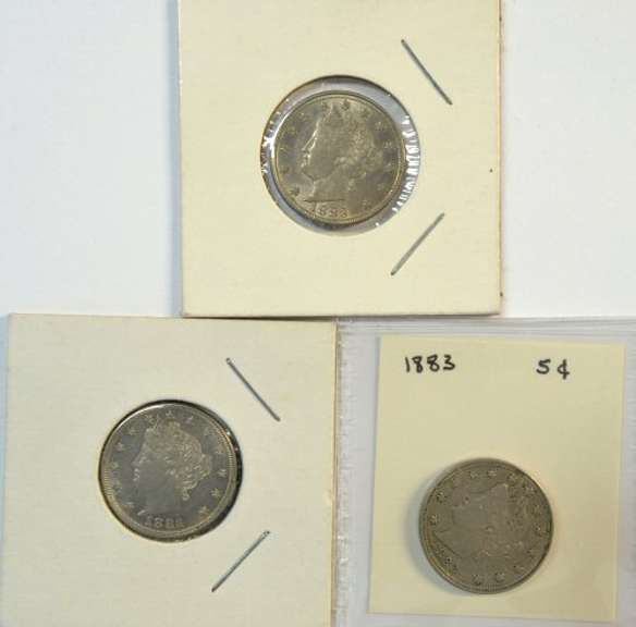 Three (3) 1883 No Cents Liberty 'V' Nickels: 2 BU & 1 XF