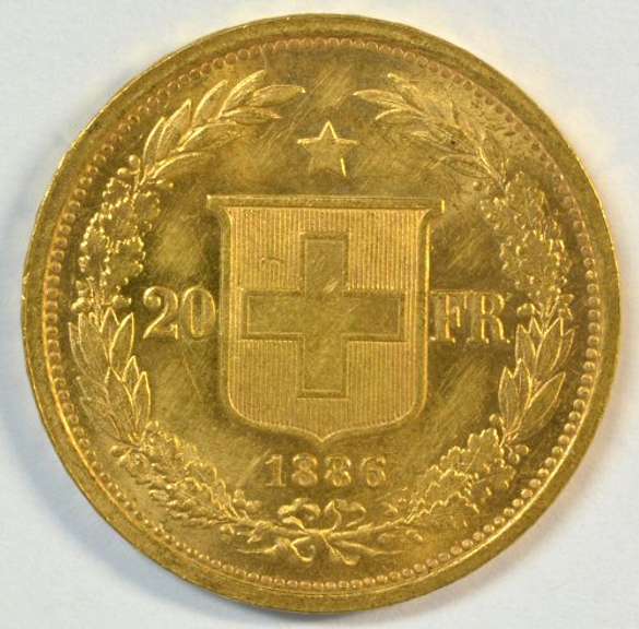 Choice BU 1886 Swiss 20 Francs Gold Piece. 1st year issue