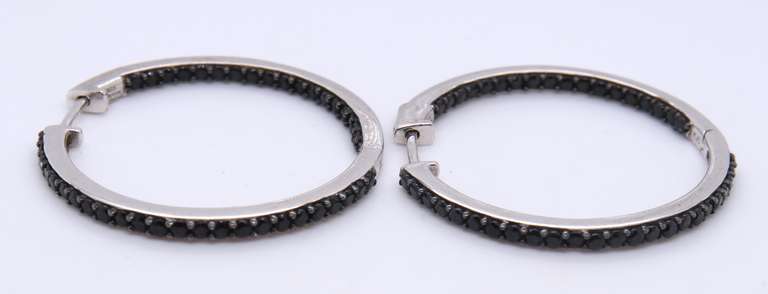 Vintage Sterling Silver Black Onyx Hoop Earrings