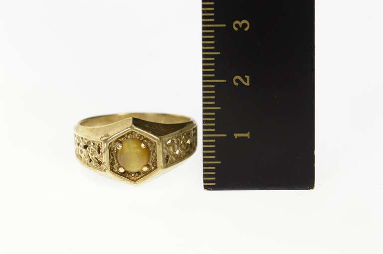10K Yellow Gold Retro Tiger's Eye Ornate Textured Nugget Ring