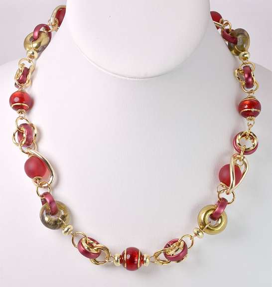 Precious Italian Made, Hand Blown Red Art Glass and Gold Links Necklace