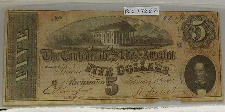 Confederate: 1864  $5 Richmond, circ, signed & numbered