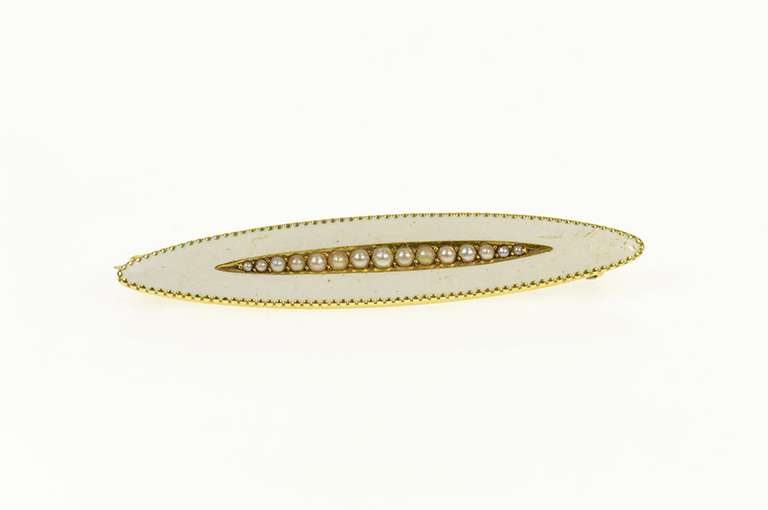 14K Yellow Gold Victorian Seed Pearl White Enamel Bar Pin/Brooch