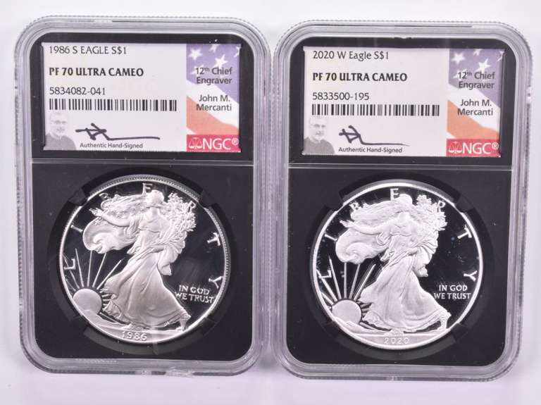 (2) PF70UCAM 1986-S & 2020-W American Silver Eagles Signed - NGC - BOX