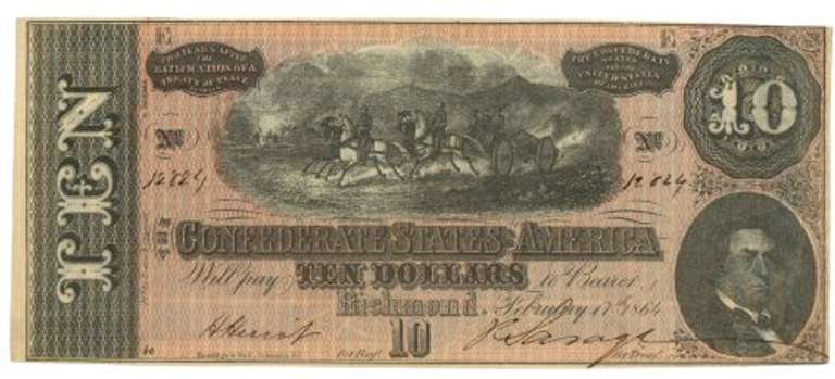 Crisp Unc 1864 $10 Confederate States of America Note (T-68)