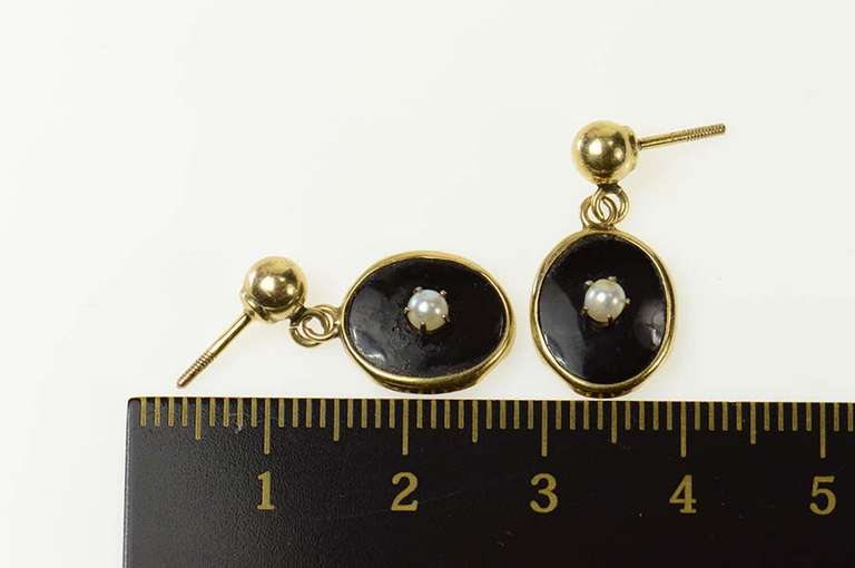 10K Yellow Gold Oval Black Onyx Pearl Accent Dangle Earrings