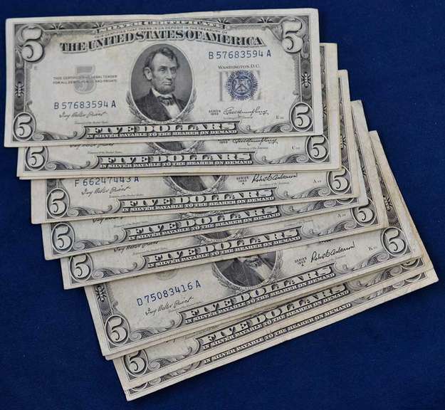 Lot Of 10 $5 Silver Certificates, Circulated.