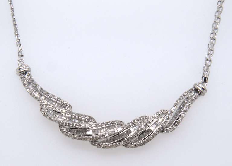 Beautiful Sterling Silver Baguette and Single Cut Diamond Necklace