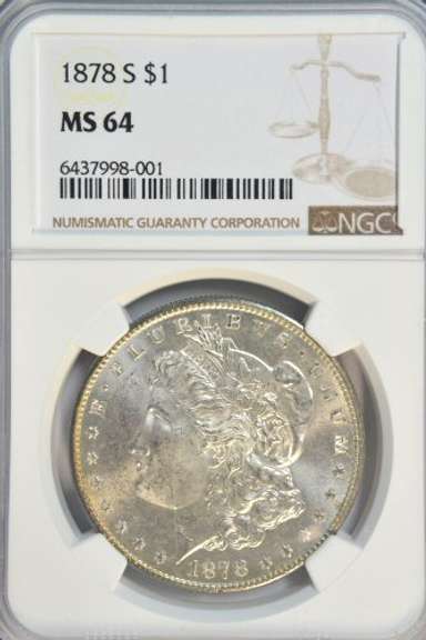 Nearly Gem BU 1878-S Morgan Silver Dollar. NGC MS64