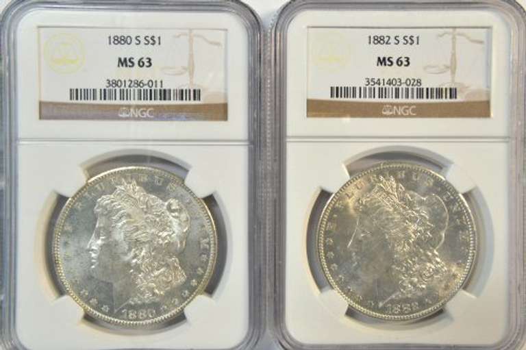 Choice BU 1880-S & 1882-S Morgan Silver Dollars. NGC MS63