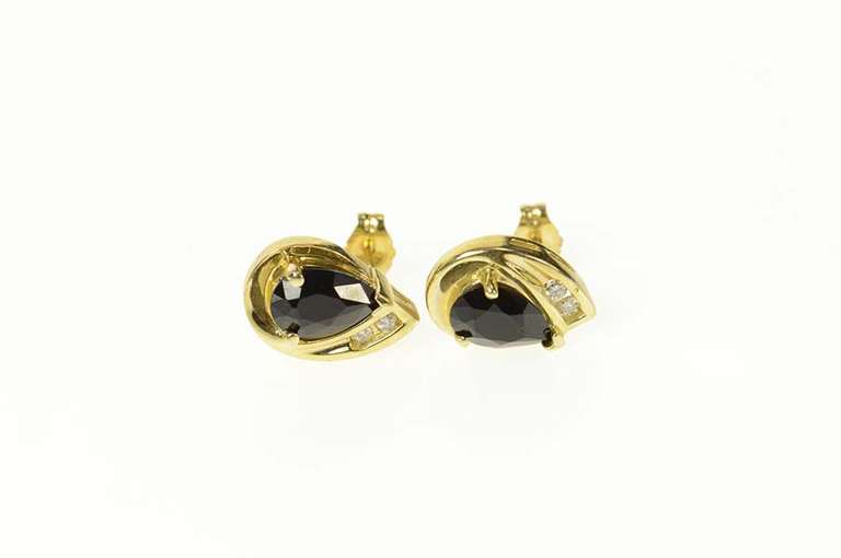 10K Yellow Gold Pearl Dark Blue Natural Sapphire Diamond Stud Earrings