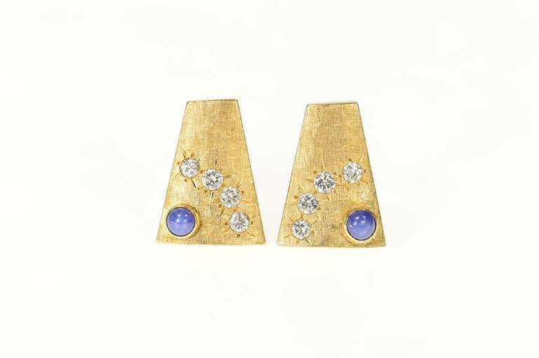 14K Yellow Gold 1960's Diamond Blue Star Sapphire Geometric Cuff Links