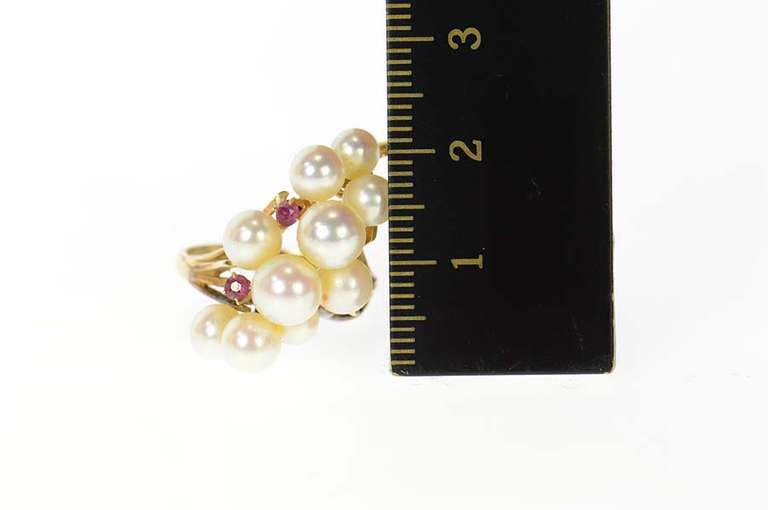 14K Yellow Gold Pearl Cluster Ruby Accent Cocktail Statement Ring