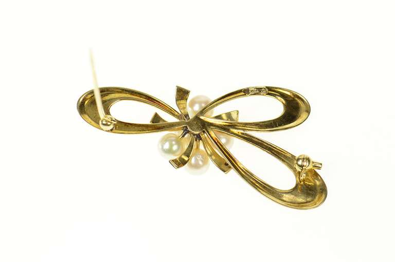 14K Yellow Gold Mikimoto Pearl Cluster Bow Ribbon Knot Pin/Brooch