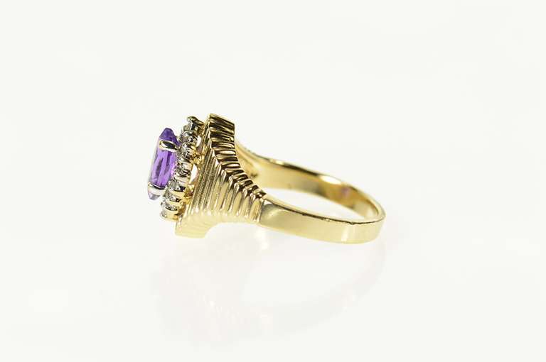 14K Yellow Gold Grooved Marquise Amethyst Diamond Halo Ring
