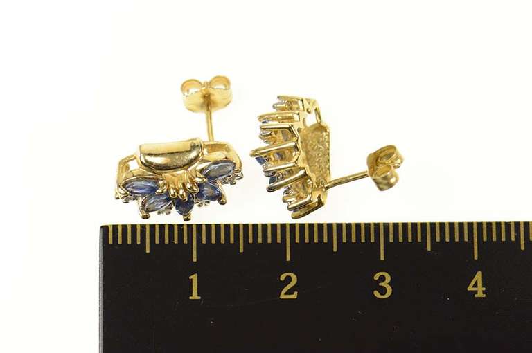 14K Yellow Gold Marquise Sapphire Diamond Curved Stud Earrings